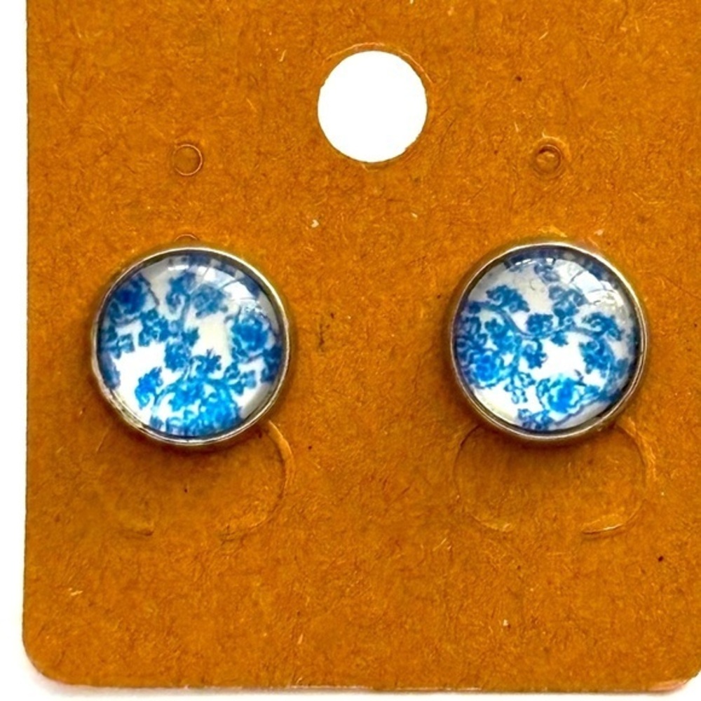 10mm Glass Cabochon Floral Print Stud Earrings, NWT, Handmade, Unworn